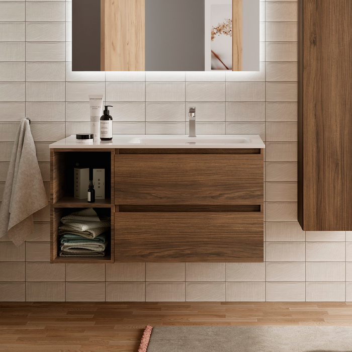 SALGAR BEQUIA Mueble de Baño con Lavabo 2 Cajones 2 Huecos Izquierda Nogal Maya