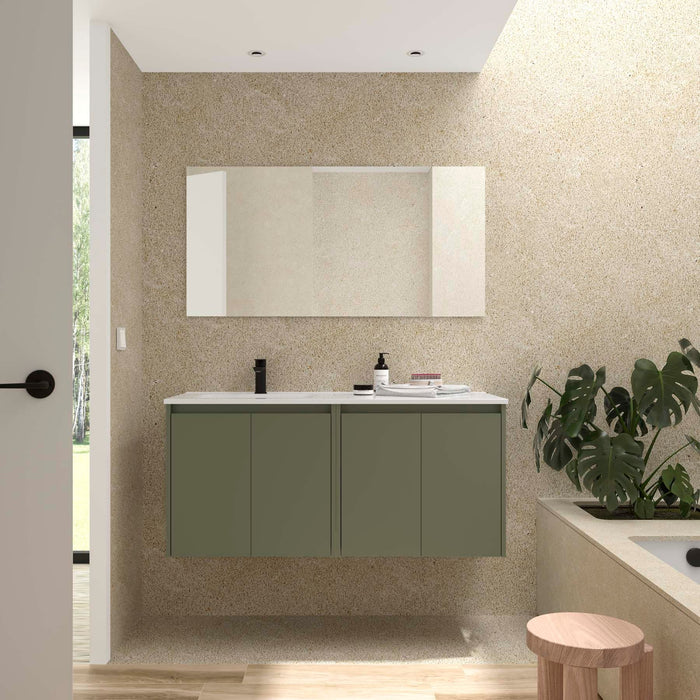 SALGAR 118842 NOJA Mueble+Lavabo+Espejo 4 Puertas 120 cm Color Verde Satinado Encimera Derecha