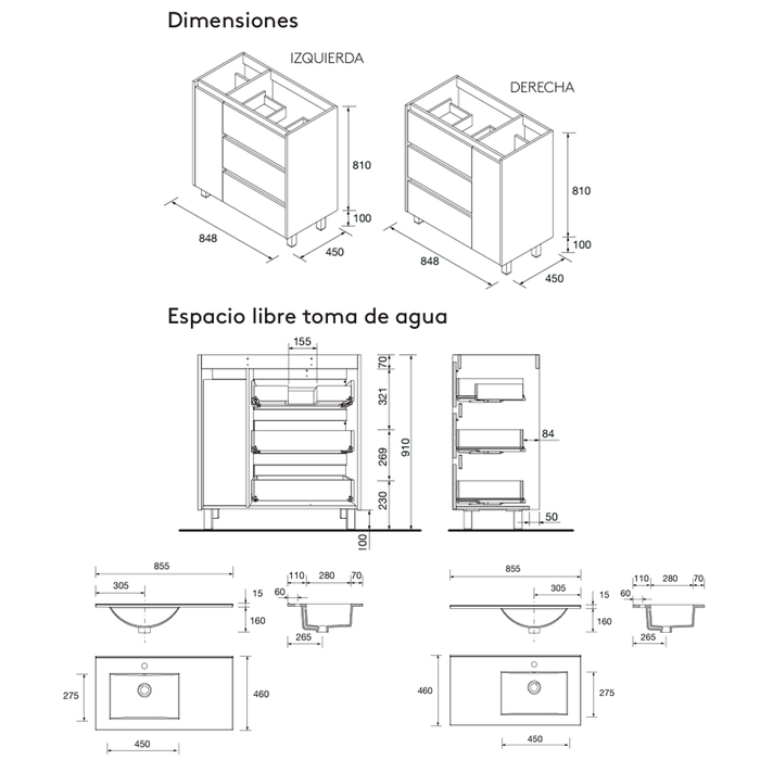 SALGAR NOJA 910 Mueble de Baño con Lavabo 3 Cajones 1 Puerta Izquierda Color Azul Mate