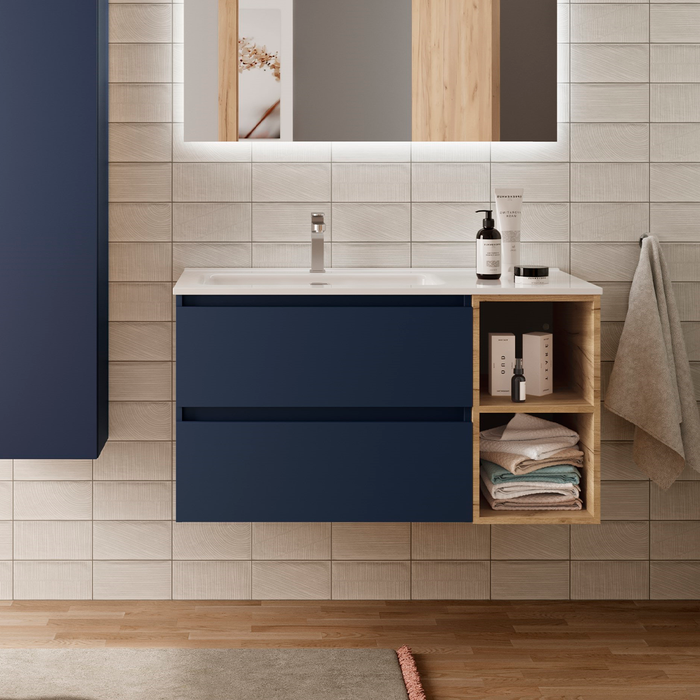 SALGAR BEQUIA Mueble de Baño con Lavabo 2 Cajones 2 Huecos Derecha Azul Mate Roble