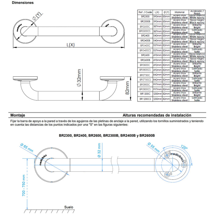 MEDICLINICS Barra de Apoyo Recta Inox Brillo