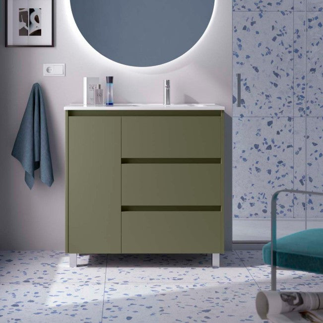 SALGAR NOJA 850 Bathroom Cabinet with Sink 3 Drawers 1 Left Door Matte Green Color