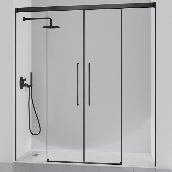 KASSANDRA PAVÍA Mampara Frente Ducha 2 Fijo +  2 Puertas Correderas Negro Transparente
