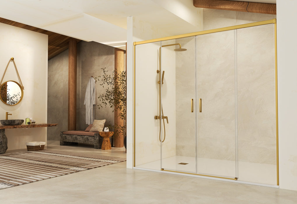 SB_X STYLO Mampara Frontal Ducha 2F+2C Oro Cepillado Transparente