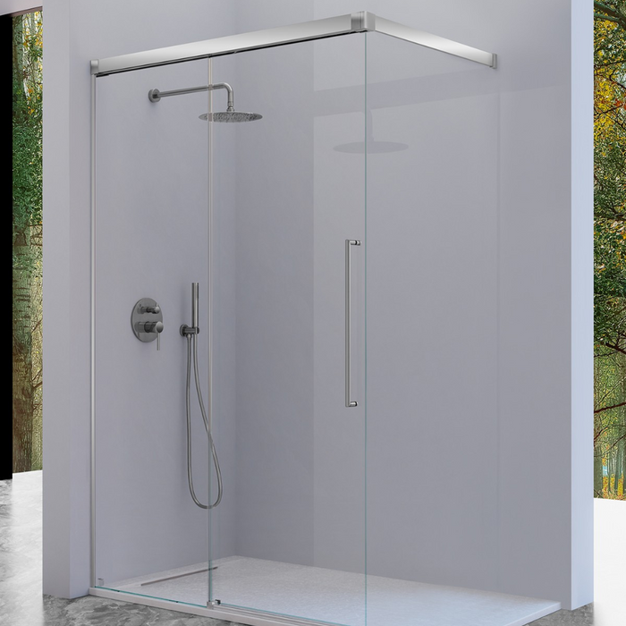 KASSANDRA PAVÍA Mampara Walking Frente Ducha Fijo +  Puerta Corredera con Tirante Plata Brillo Transparente