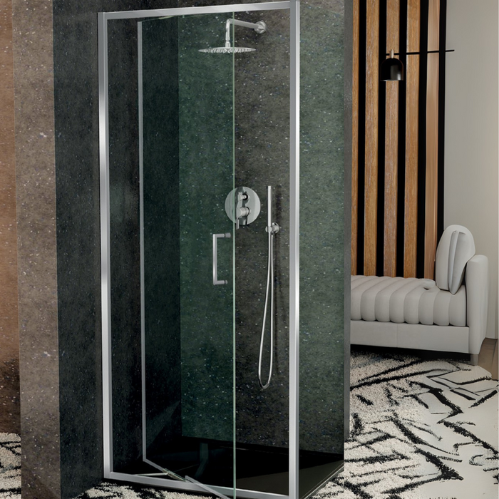 KASSANDRA PRISMA Mampara Espacios Reducidos Frente Ducha Puerta Abatible 8 mm con Brazo Oscilante Plata Brillo Transparente