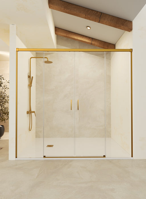 SB_X STYLO Mampara Frontal Ducha 2F+2C Oro Cepillado Transparente