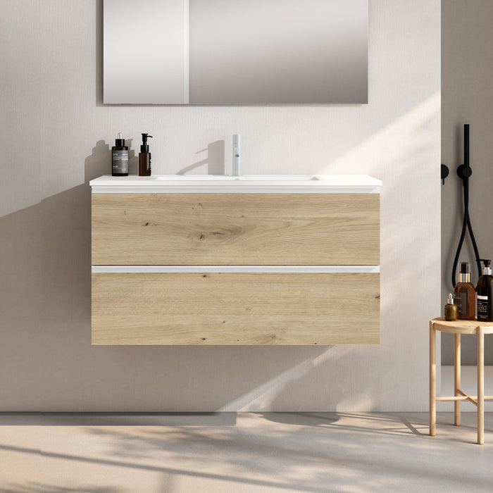 VISOBATH GRANADA Mueble de Baño con Lavabo Suspendido 2 Cajones Color Roble Costa Tirador Blanco