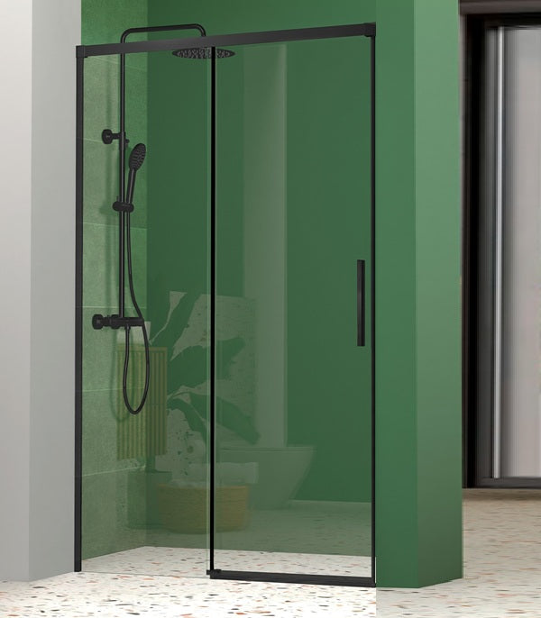 KASSANDRA NICOLETA Mampara Frente de Ducha Fijo + Puerta Corredera 6mm Negro Mate Transparente