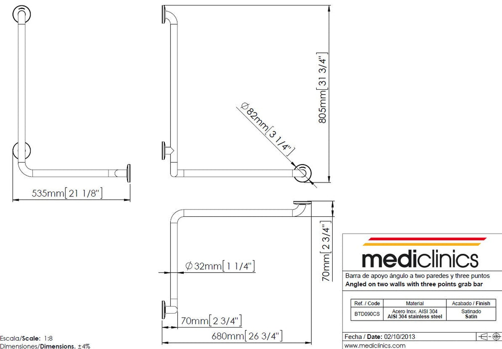 MEDICLINICS BTD090CS Barra de Apoyo de Ángulo Satinado