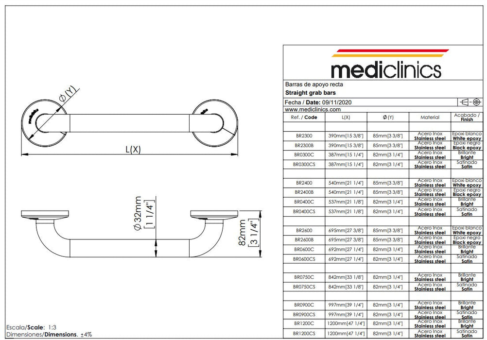 MEDICLINICS BR1200C Straight Bar 1200 mm Stainless Steel Bright Finish