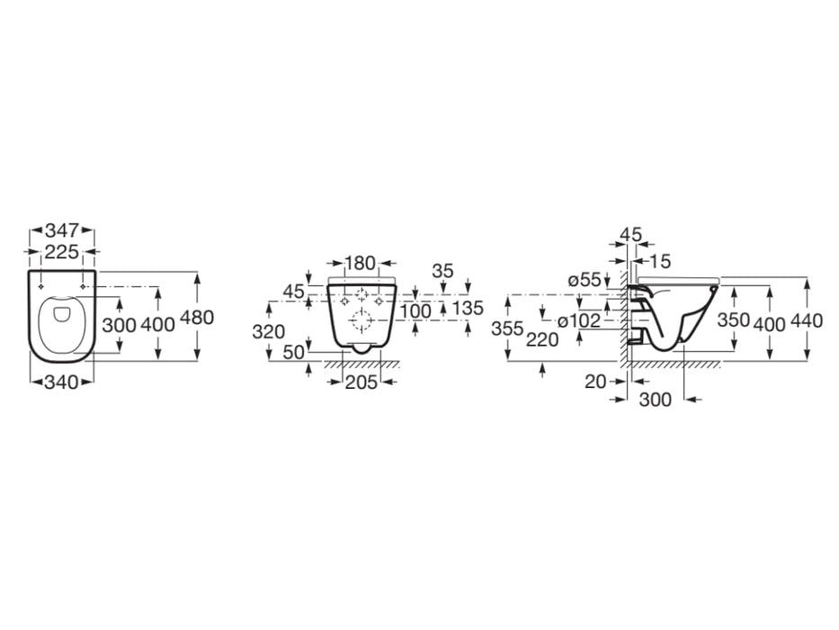 ROCA PACK THE GAP 48 SQUARE+DUPLO Wall Hung Rimless Toilet Hidden Fixings White Button