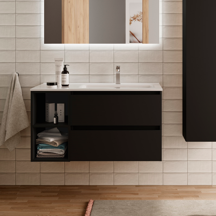 SALGAR BEQUIA Mueble de Baño con Lavabo 2 Cajones 2 Huecos Izquierda Negro Mate