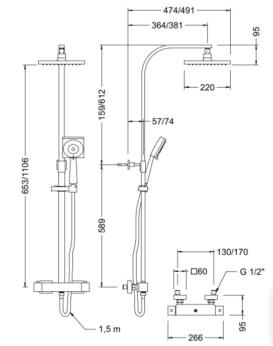 GENEBRE CT67110 26 KENJO Columna Termostática Extensible con Equipo de Ducha