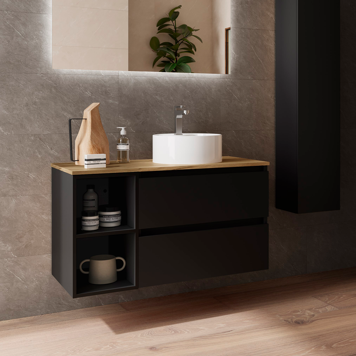 SALGAR BEQUIA Mueble de Baño con Lavabo de Posar y Encimera 2 Cajones 2 Huecos Negro Mate Roble