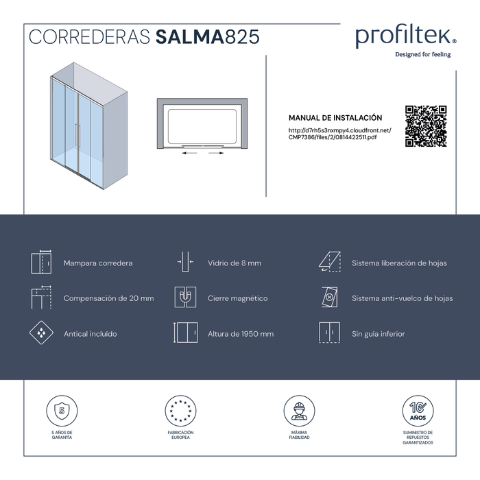 PROFILTEK SA-825 SALMA PLUS 2 sliding leaves + 2 fixed leaves. 8 MM Silver High Gloss* Transparent