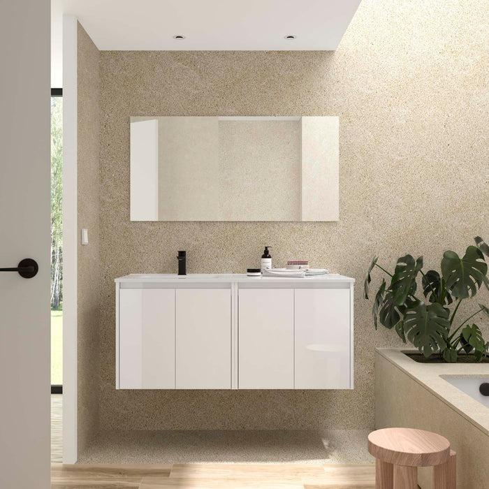 SALGAR 118838 NOJA Mueble+Lavabo+Espejo 4 Puertas 120 cm Color Blanco Brillo Encimera Derecha