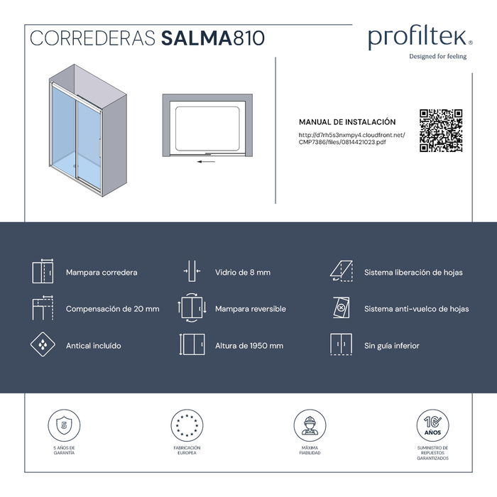 PROFILTEK SA-810 SALMA PLUS Front 1 sliding leaf + 1 fixed leaf. 8 MM Silver High Gloss* Transparent