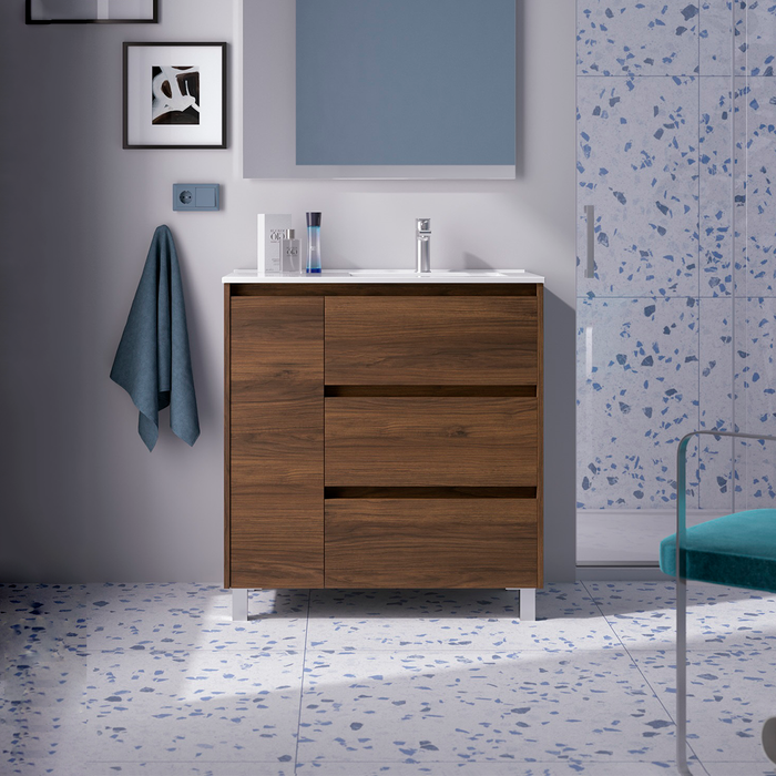 SALGAR NOJA 910 Mueble de Baño con Lavabo 3 Cajones 1 Puerta Izquierda Color Nogal Maya