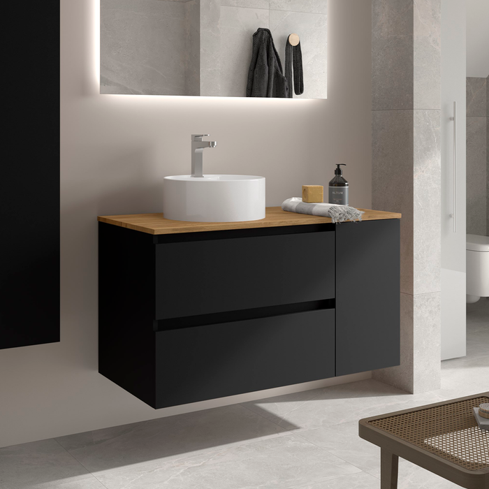 SALGAR BEQUIA Mueble de Baño con Lavabo de Posar y Encimera 2 Cajones 1 Puerta Reversible Negro Mate Roble