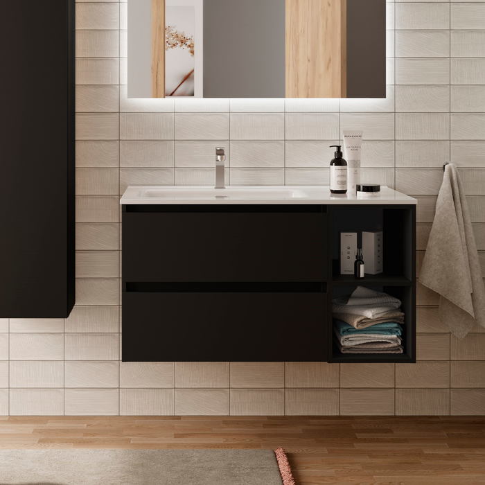 SALGAR BEQUIA Mueble de Baño con Lavabo 2 Cajones 2 Huecos Derecha Negro Mate