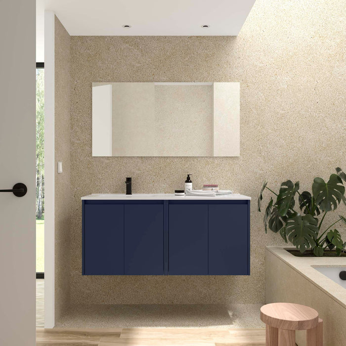 SALGAR 118841 NOJA Mueble+Lavabo+Espejo 4 Puertas 120 cm Color Azul Satinado Encimera Derecha