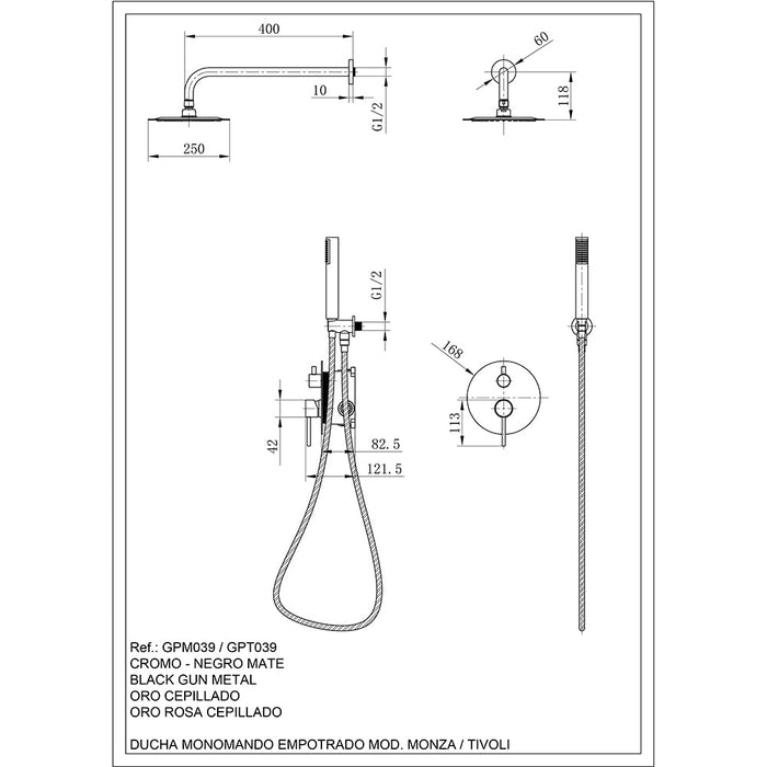 IMEX GPM039/BGM MONZA Conjunto Grifo Ducha Monomando Empotrado Black Gun Metal