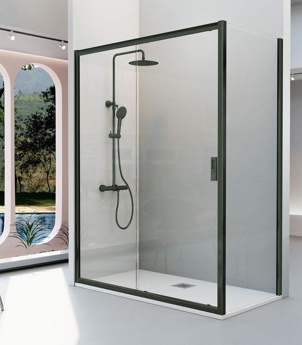KASSANDRA SIENA Fixed Shower Screen Front + Sliding Door Matte Black Transparent
