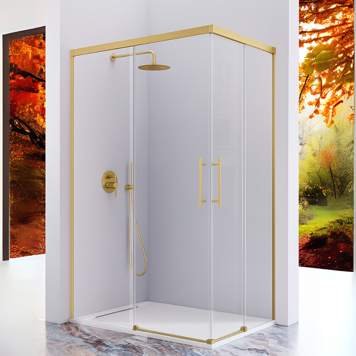 KASSANDRA URBAN Mampara Angular de Ducha 2 Fijos + 2 Hojas Correderas Oro Cepillado Transparente