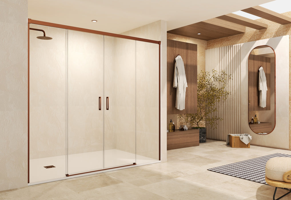 SB_X STYLO Mampara Frontal Ducha 2F+2C Oro Rosa Cepillado Transparente