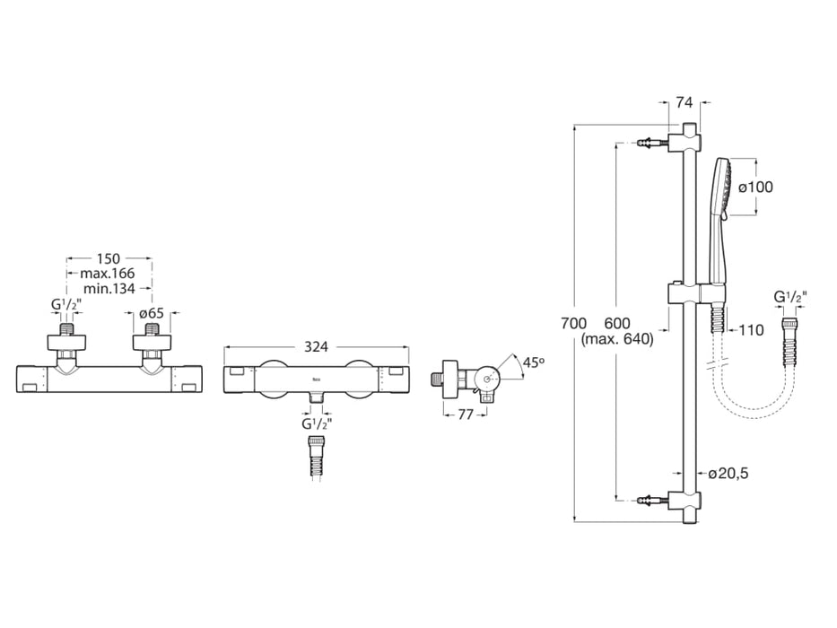 ROCA A5D2F18C00 T-500 Pack Grifo Termostático Exterior Ducha T-500 + Kit de Ducha Stella 100/3 Cromo