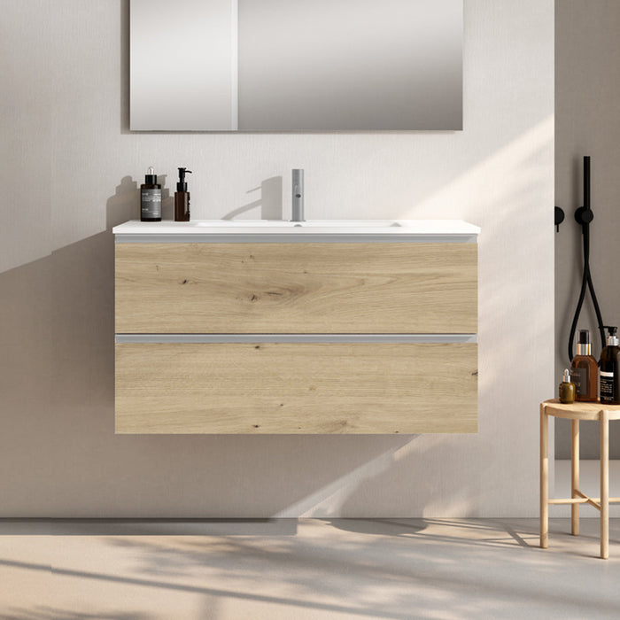 VISOBATH GRANADA Mueble de Baño con Lavabo Suspendido 2 Cajones Color Roble Costa Tirador Aluminio