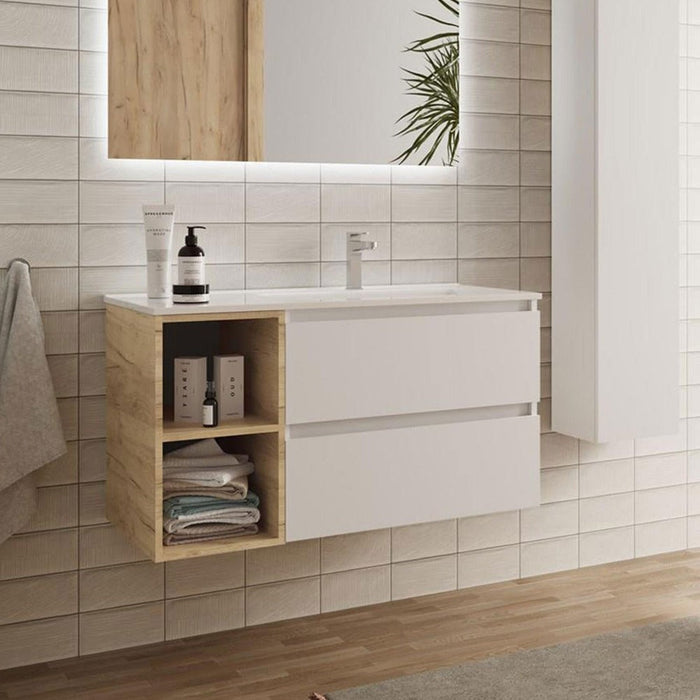 SALGAR BEQUIA Mueble de Baño con Lavabo 2 Cajones 2 Huecos Blanco Roble África Izquierda