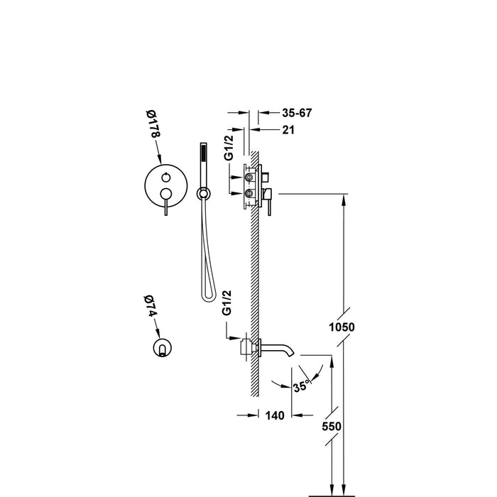 TRES 26228006KM STUDY Kit of Built-in Single-lever Faucet 2-Way Rapid-Box for Bathtub and Shower Metallic Black Color