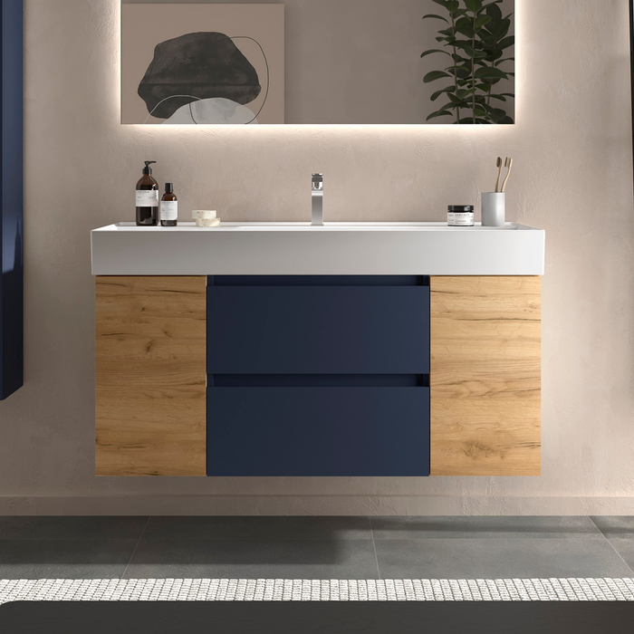 SALGAR 111430 BEQUIA Mueble de Baño con Lavabo 120 cm 2 Cajones 2 Puertas Azul Mate Roble