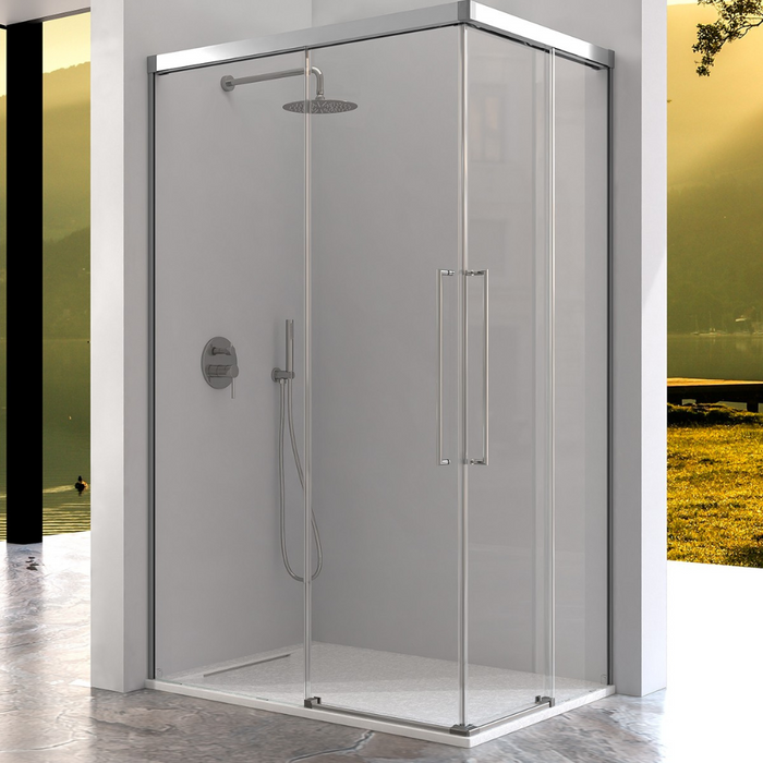 KASSANDRA URBAN  Mampara Angular de Ducha 2 Fijos + 2 Hojas Correderas Plata Brillo Transparente