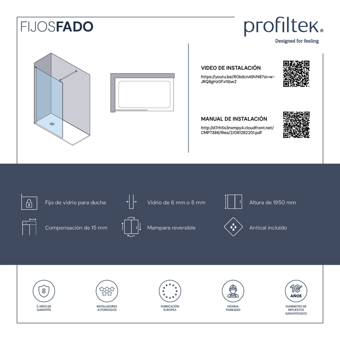 PROFILTEK FADO Mampara Fijo Perfil Oro Mate Vidrio 6 mm Transparente