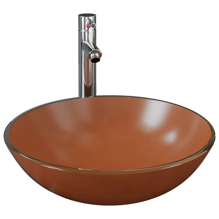 VXL Washbasin with Faucet and Brown Tempered Glass Push-Button Plug