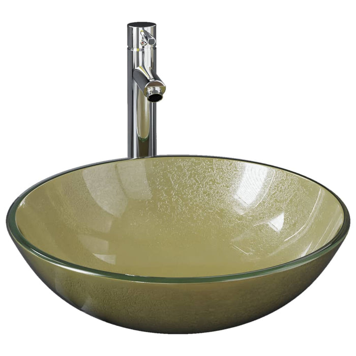 VXL Washbasin with Faucet and Golden Tempered Glass Push-Button Plug