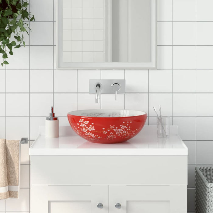 VXL Countertop Round Ceramic White and Red Washbasin ¿41X14 cm