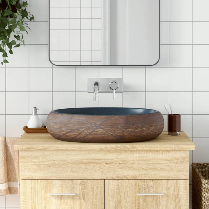 VXL Countertop Oval Ceramic Brown and Blue Washbasin 59X40X15cm