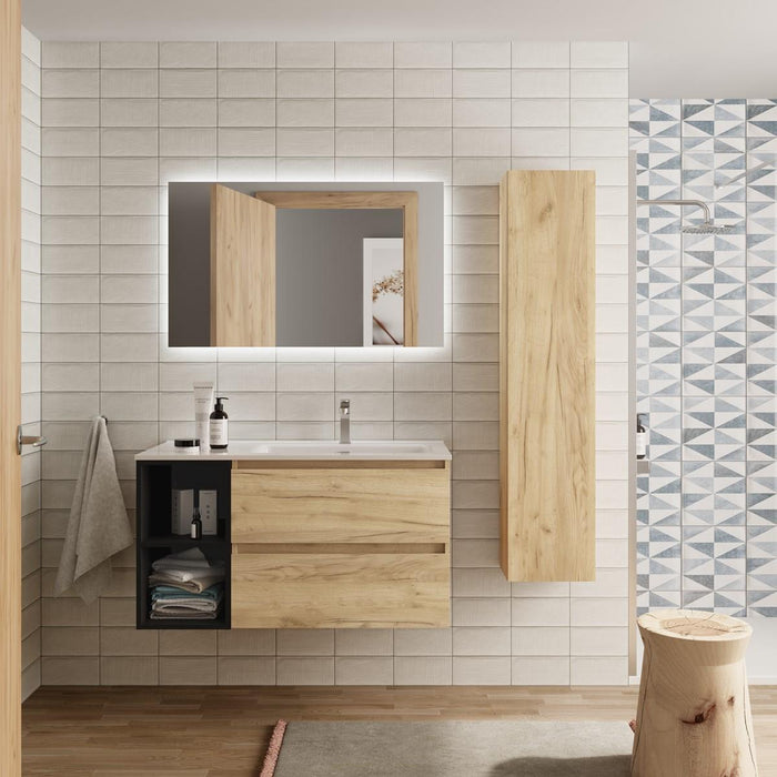 SALGAR BEQUIA Mueble de Baño con Lavabo 2 Cajones 2 Huecos Roble África Negro Izquierda