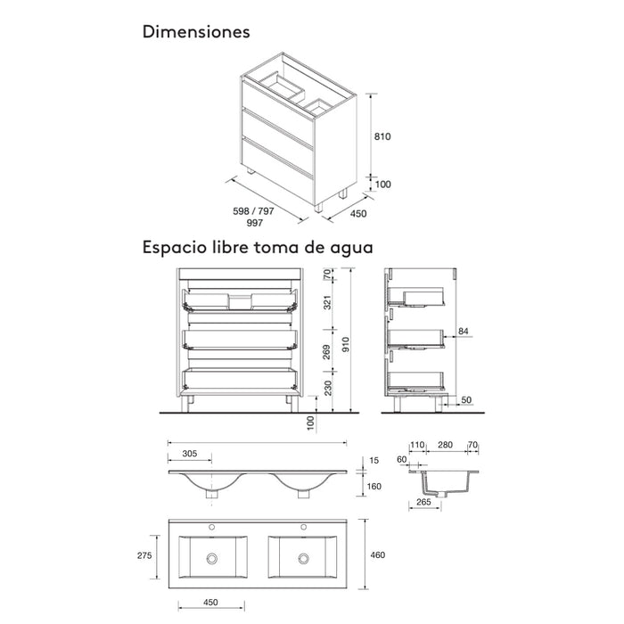 SALGAR 106292 NOJA Mueble de Baño con Lavabo 6 Cajones 120 cm Color Natural