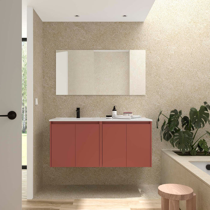 SALGAR 118843 NOJA Mueble+Lavabo+Espejo 4 Puertas 120 cm Color Rojo Satinado Encimera Derecha