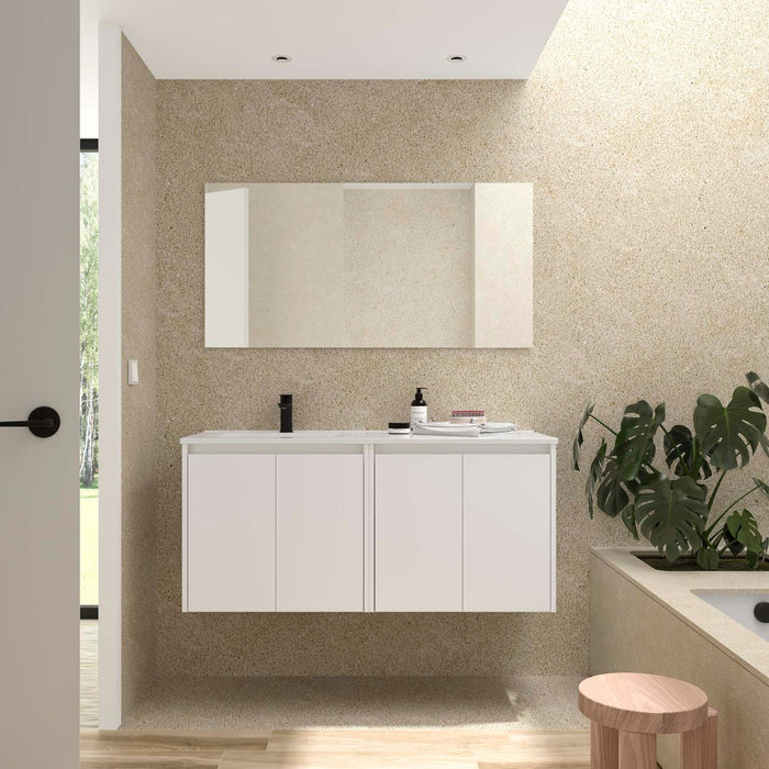SALGAR 118839 NOJA Mueble+Lavabo+Espejo 4 Puertas 120 cm Color Blanco Satinado Encimera Derecha