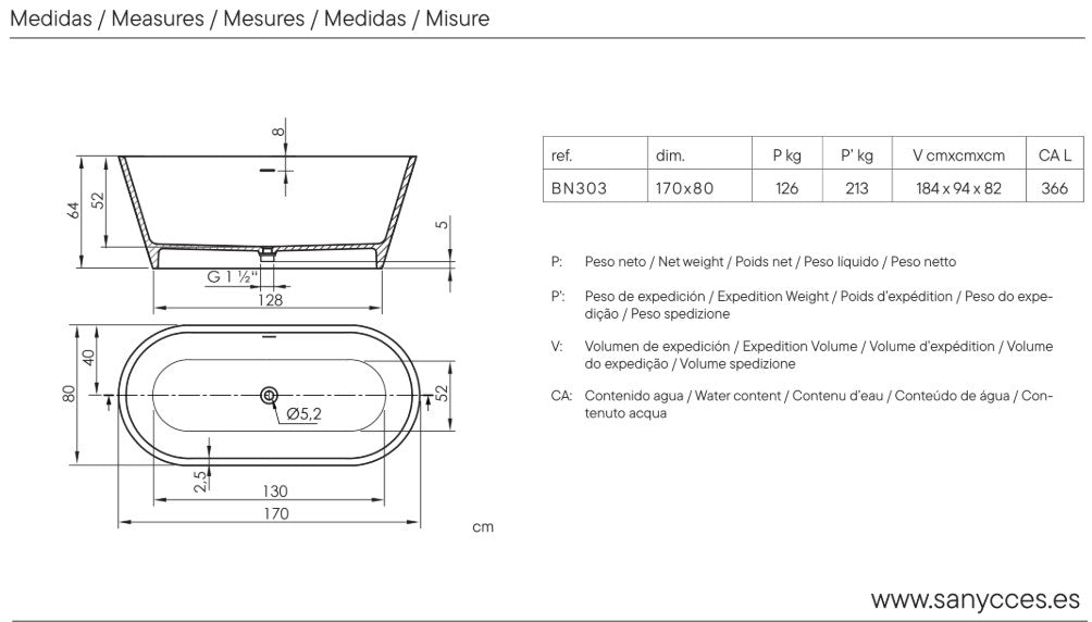 SANYCCES MODERN Bañera Exenta 170X80X64 Blanco Mate