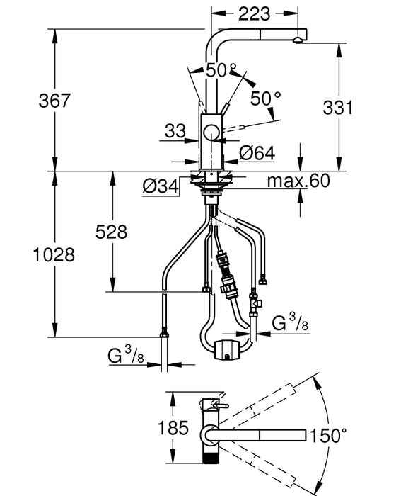 GROHE 30 590 000  BLUE Pure Minta Monomando de fregadero para sistemas de agua filtrada con caño extraíble cromo