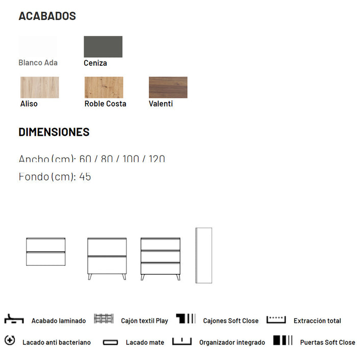 VISOBATH GRANADA Conjunto Completo Mueble de Baño Suspendido 2 Cajones Color Roble Costa Tirador Negro