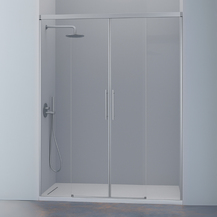 KASSANDRA URBAN  Mampara Frente de Ducha 2 Fijos + 2 Puertas Correderas Plata Mate Cepillado Transparente
