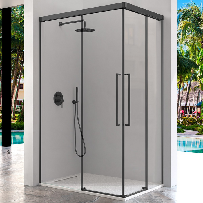 KASSANDRA PAVÍA Mampara Angular de Ducha 2 Fijo +  2 Puertas Correderas Negro Mate Transparente